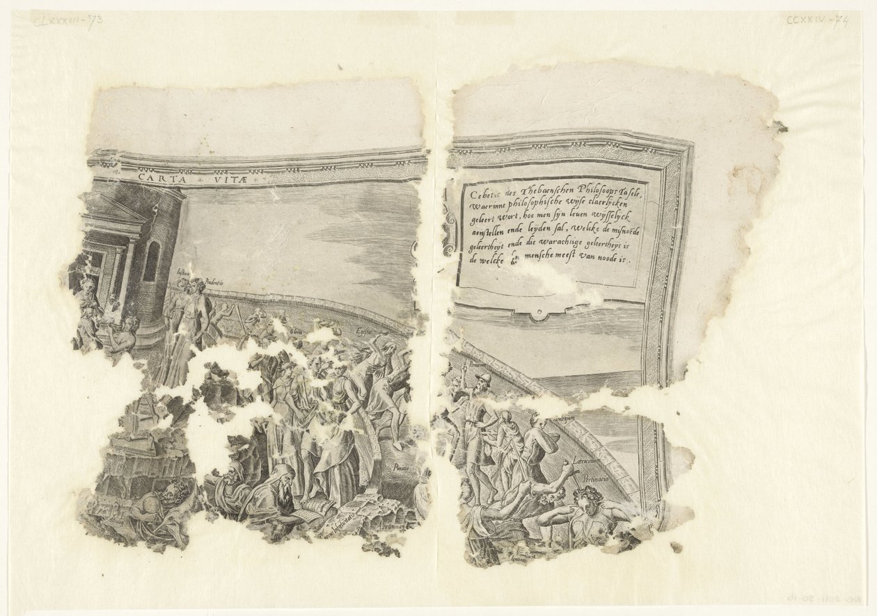 Angolo in alto a destra di una stampa della scena di Cebes (Tabula Cebetis Carta Vitae) da Philips Galle