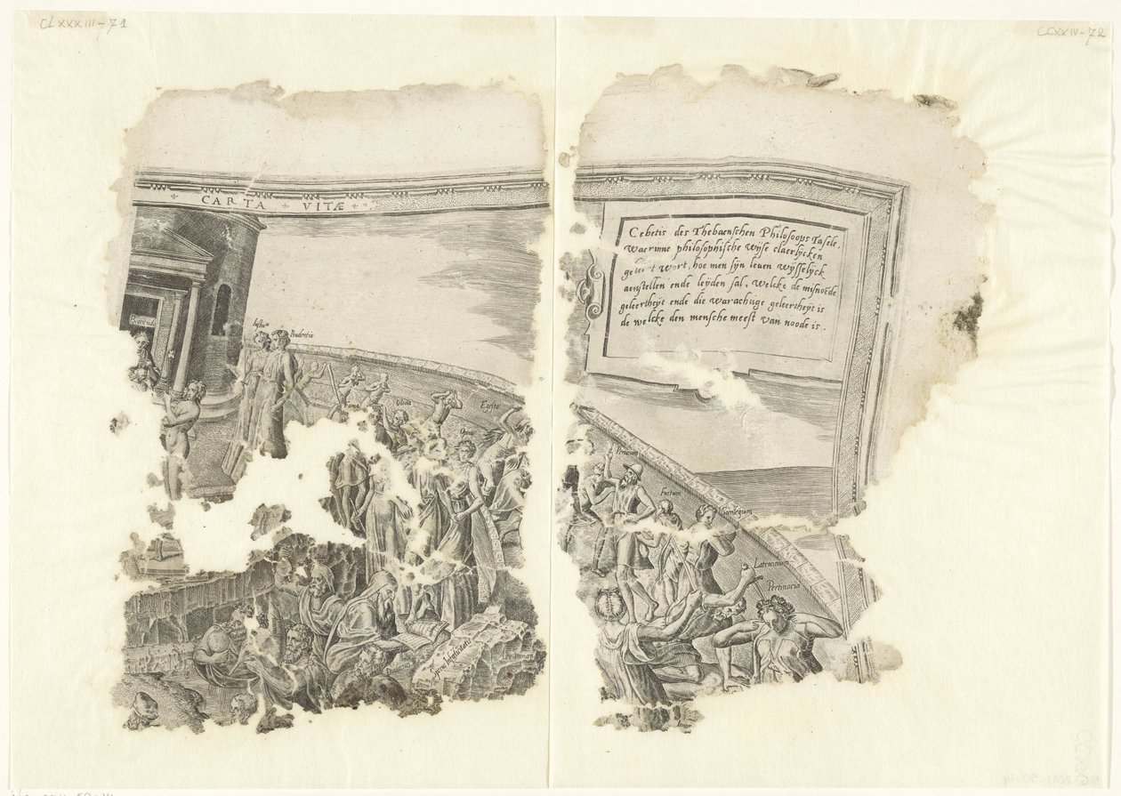Angolo in alto a destra di una stampa della scena di Cebes (Tabula Cebetis Carta Vitae) da Philips Galle