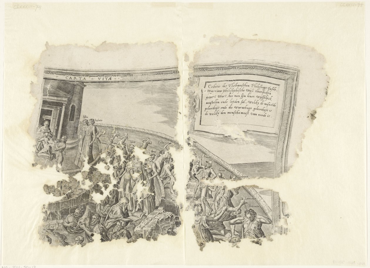 Angolo in alto a destra di una stampa della scena di Cebes (Tabula Cebetis Carta Vitae) da Philips Galle