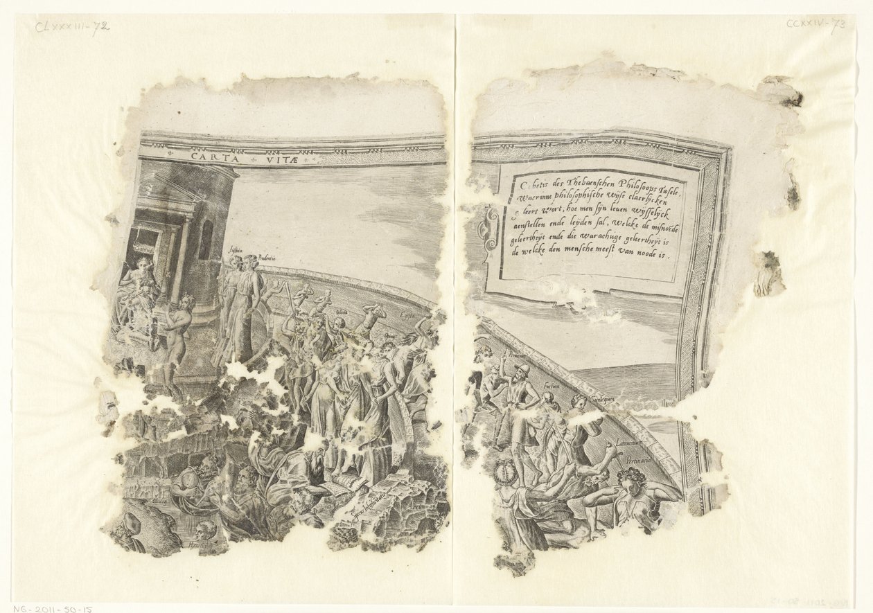 Angolo superiore destro di una stampa della scena di Cebes (Tabula Cebetis Carta Vitae) da Philips Galle