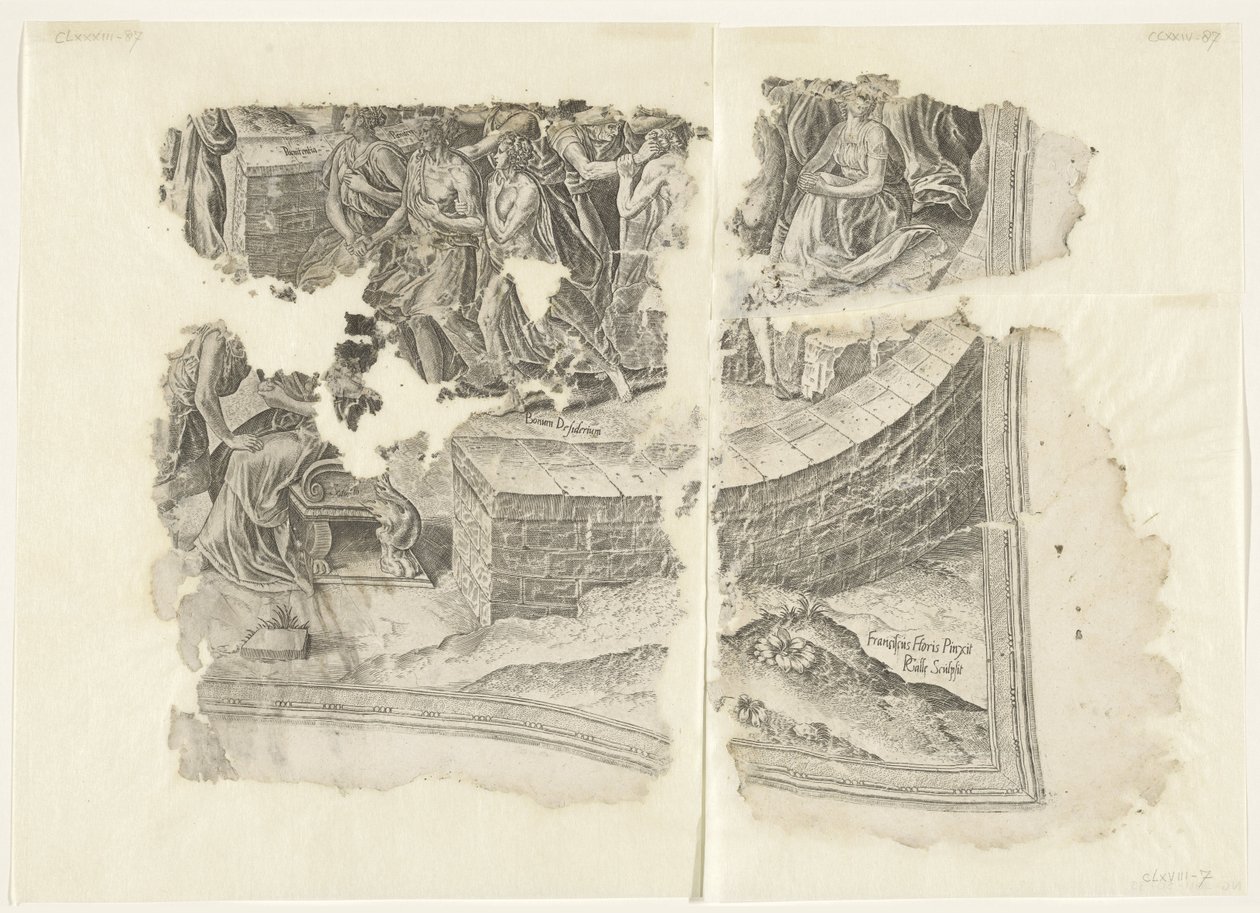 Angolo inferiore destro di una stampa della scena di Cebes (Tabula Cebetis Carta Vitae) da Philips Galle