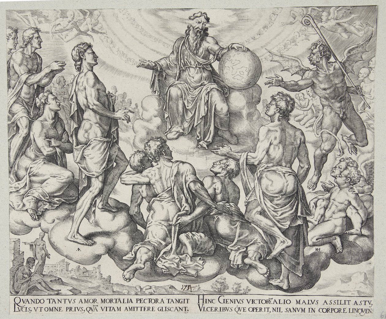 Satana sfida il Signore a rimuovere la sua protezione da Giobbe da Philips Galle