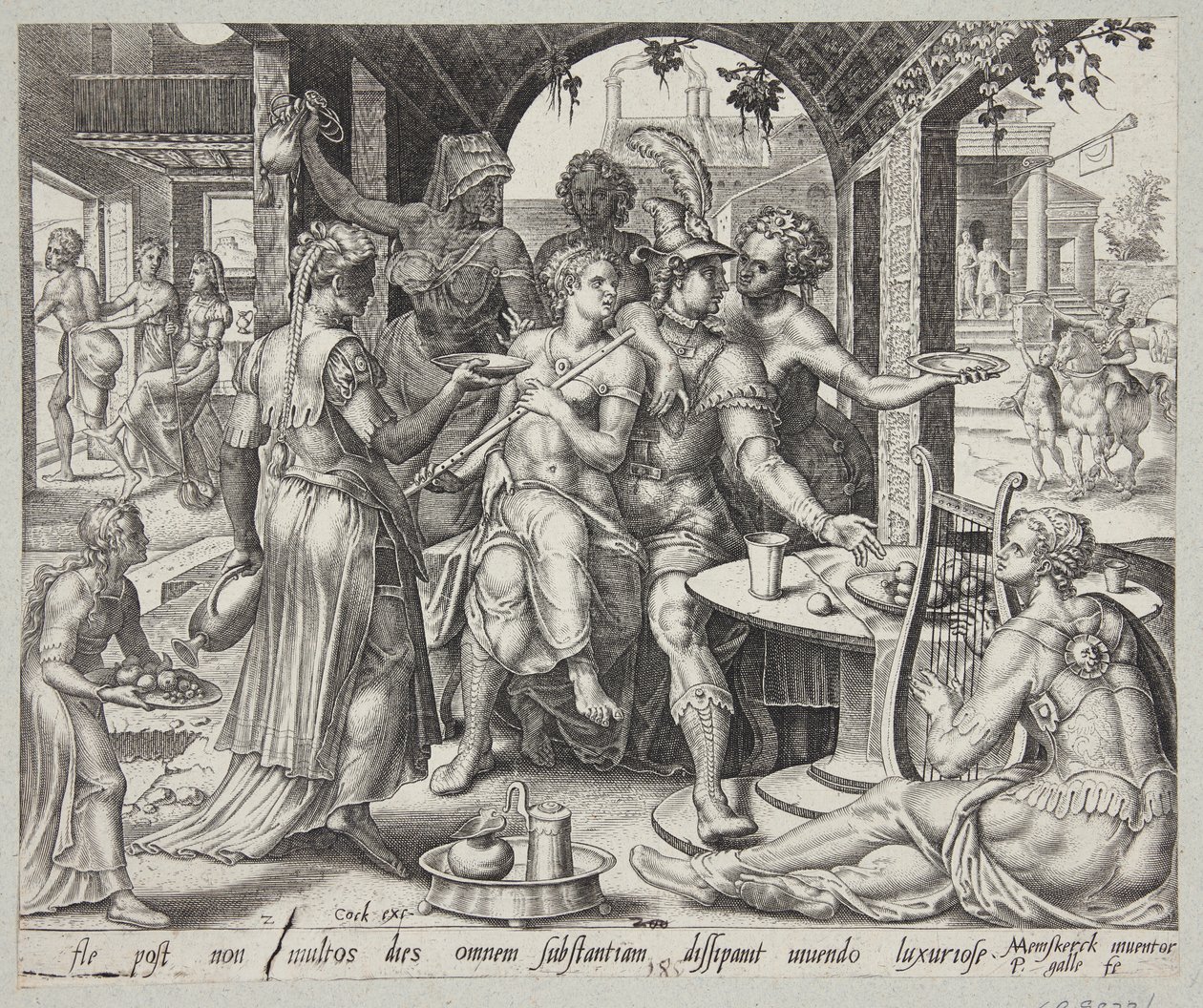 Il figliol prodigo sperpera la sua eredità con le prostitute da Philips Galle