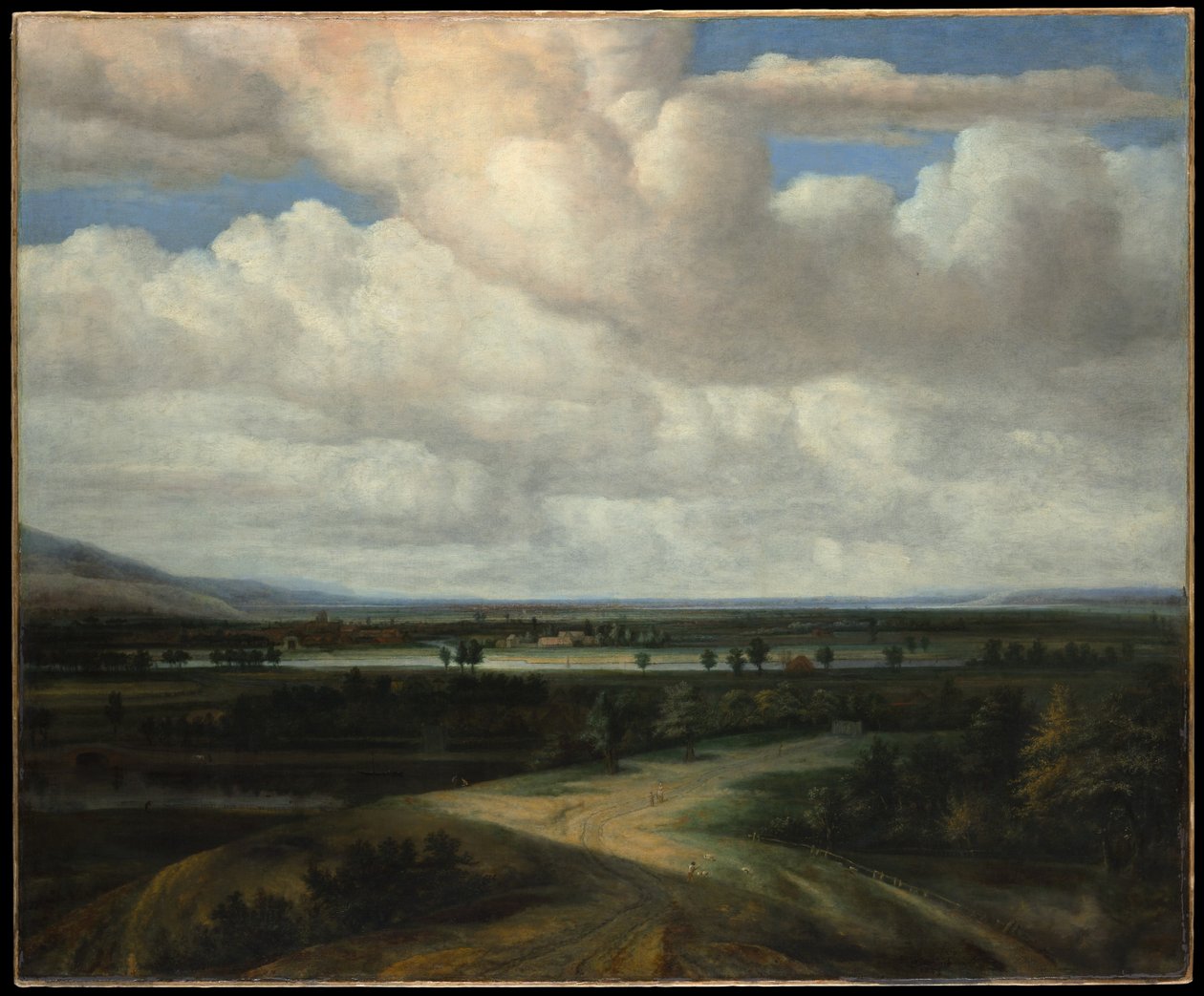 Un paesaggio panoramico con una tenuta di campagna da Philips Koninck