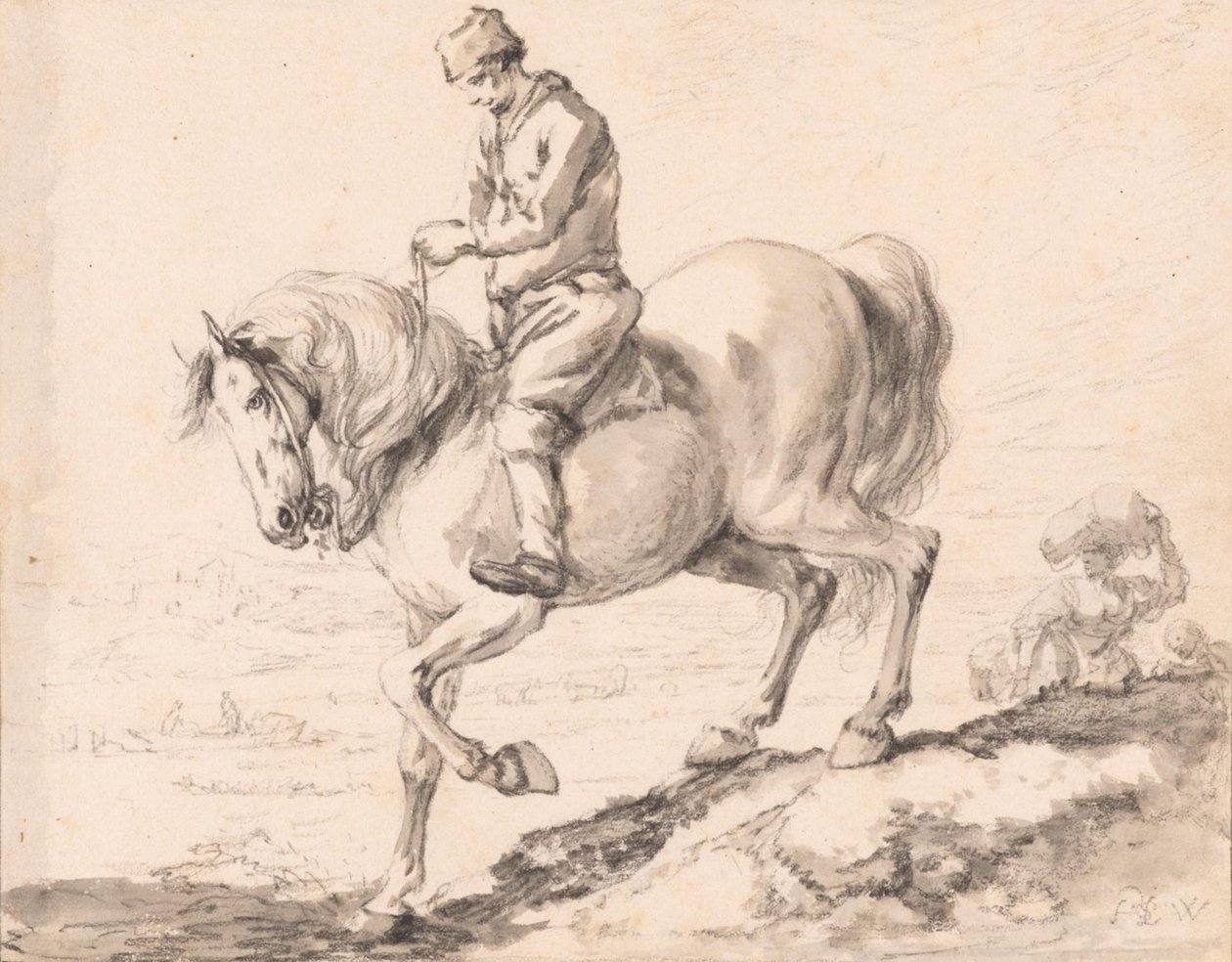 Un cavaliere attraversa un ruscello con il suo cavallo da Philips Wouwerman
