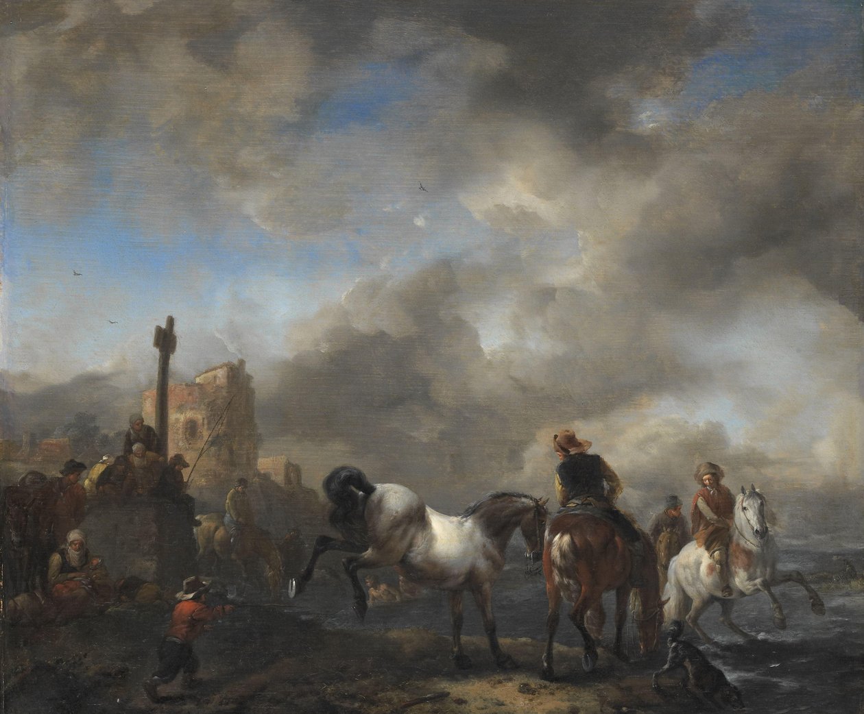 Abbeveratoio vicino a una pietra di confine da Philips Wouwerman