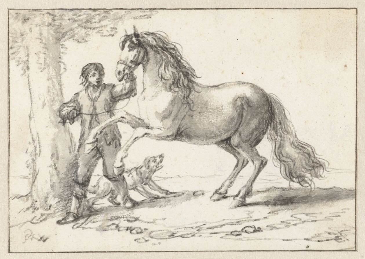 Giovane uomo che tiene un cavallo impennato per le briglie, spaventato da un cane che abbaia da Philips Wouwerman