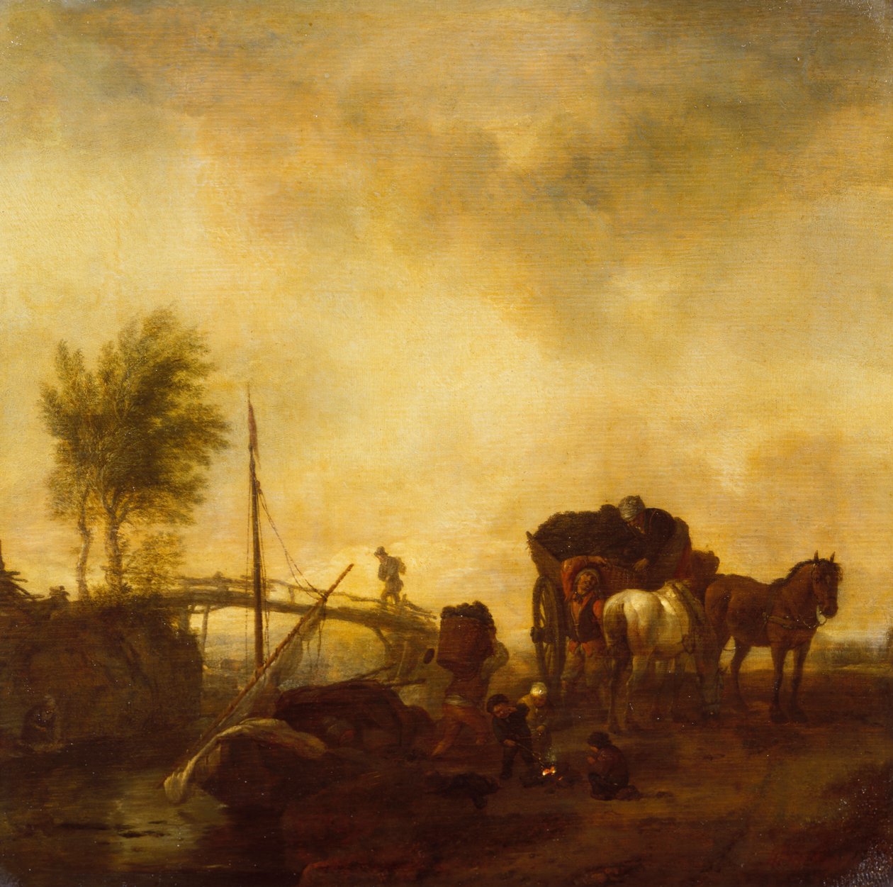 Lavoratori che caricano la torba da una chiatta su un carro (olio su tavola) da Philips Wouwermans or Wouvermans