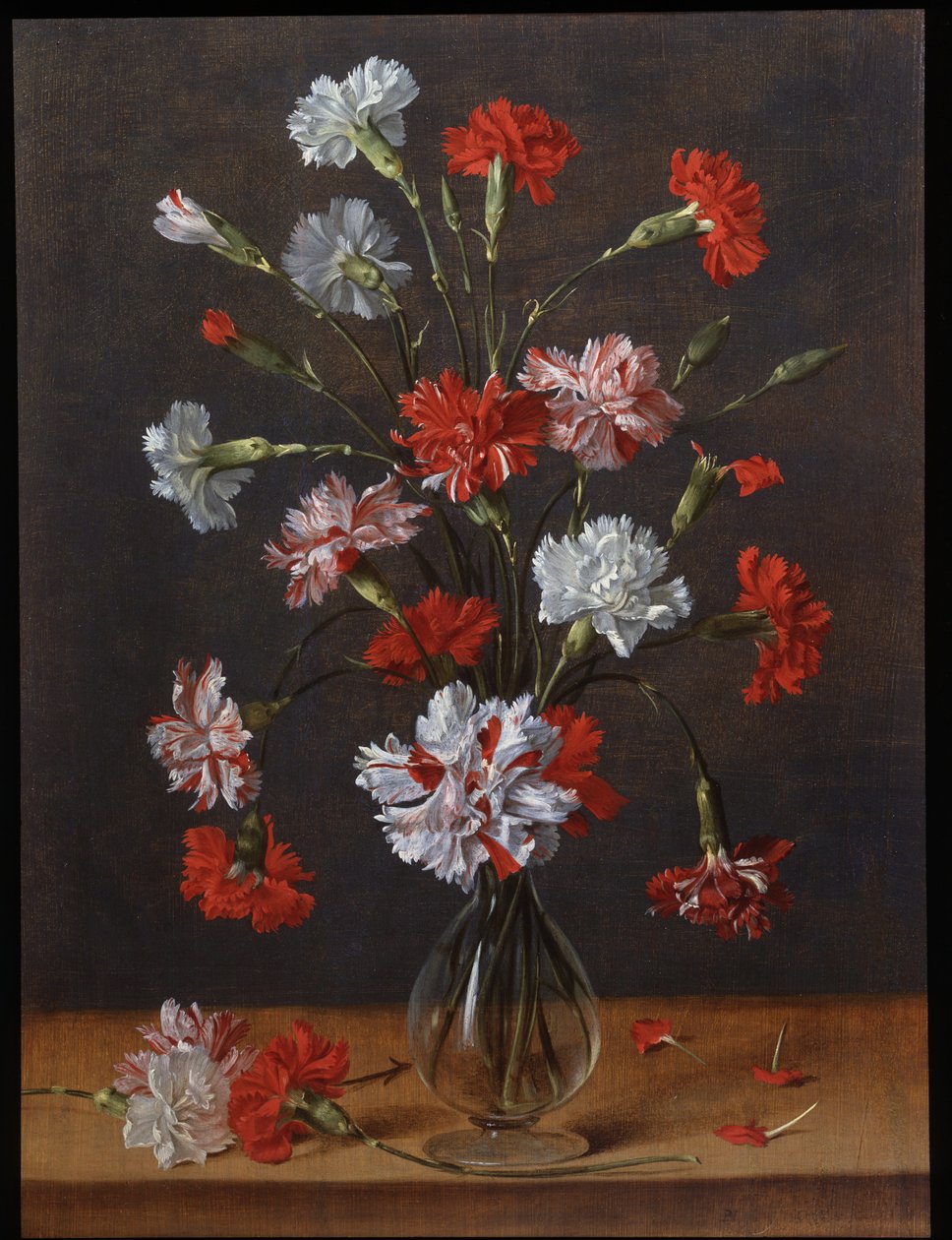 Un bouquet di garofani in un vaso di vetro, 1600-1700 circa (olio su tavola) da Phillipe de Marlier