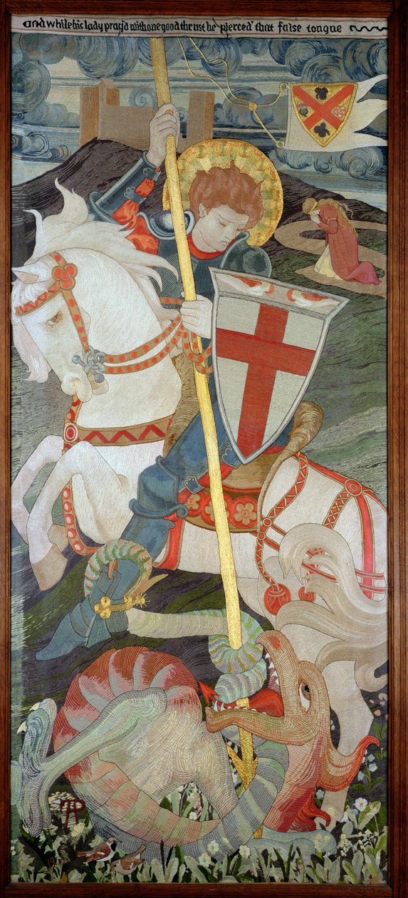 San Giorgio che uccide il drago, con Una che prega sullo sfondo, 1904 (ricamo) da Phoebe Anna Traquair
