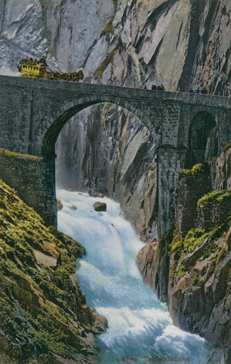 Carrozza che attraversa la Teufelsbrucke sulla gola di Schollenen in Svizzera. Cartolina inviata nel 1913. da Photographer Swiss
