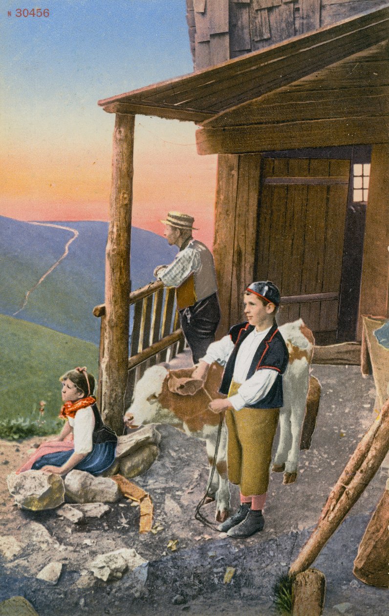 Padre e due bambini vicino alla loro capanna nelle Alpi svizzere. Cartolina inviata nel 1913. da Photographer Swiss