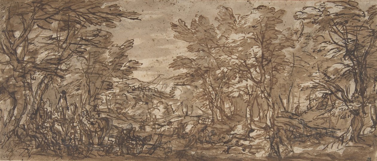 Scena forestale, una sosta a sinistra, una caccia al centro, 1612-66 da Pier Francesco Mola