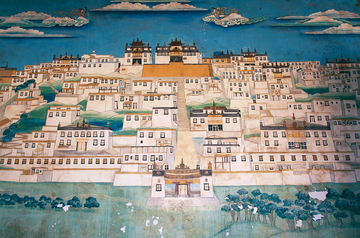 Affresco che raffigura la città nel Monastero di Ganden Sumtsenling (gompa), Zhongdian (in tibetano Gyalthang, rinominato nel 2001 in Shangri-La dal governo cinese per promuovere il turismo in quest