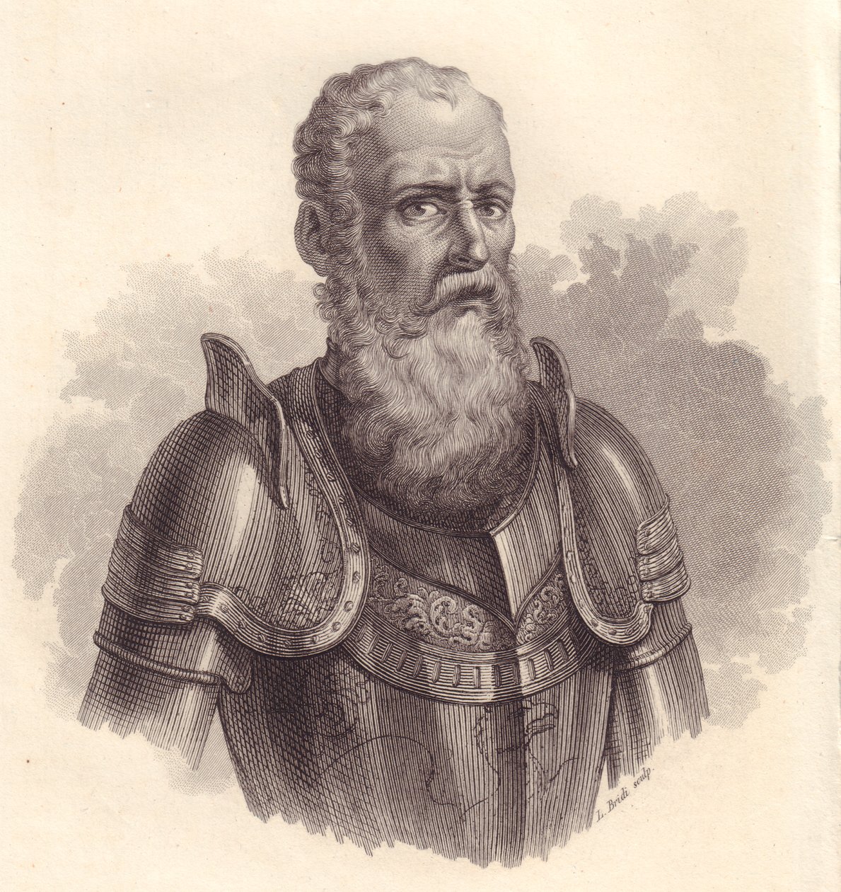 Ritratto del leader militare italiano Ezzelino III da Romano o Ecelino da Romano (1194-1259), incisione in rame da Blaise Nicolas Le Sueur