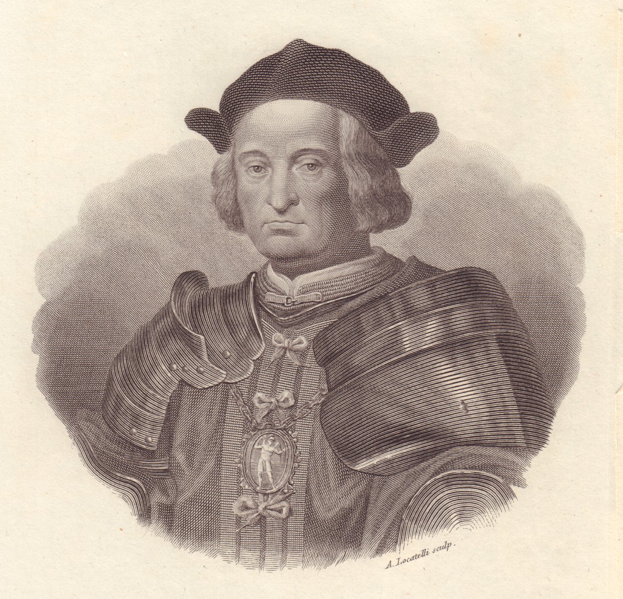 Ritratto del leader militare e politico italiano Gian Giacomo Trivulzio (1440-1518), incisione in rame di Locatelli da Blaise Nicolas Le Sueur