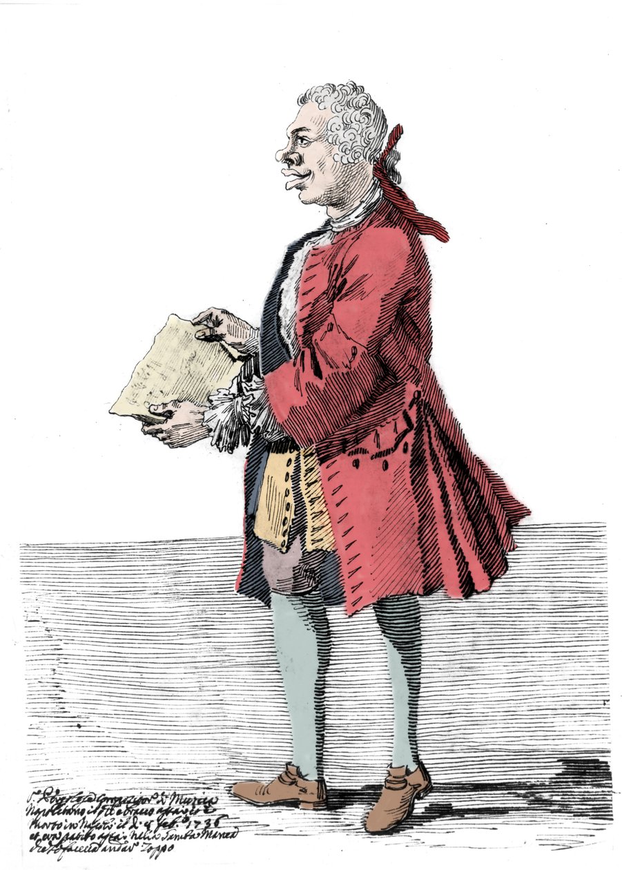 Caricatura di Giovanni Battista Pergolesi (1710-1736). Disegno di Pier Leone Ghezzi (1674-1755) che riporta che il compositore soffriva di un handicap a una gamba ed era zoppo. 1736. da Pier Leone Ghezzi