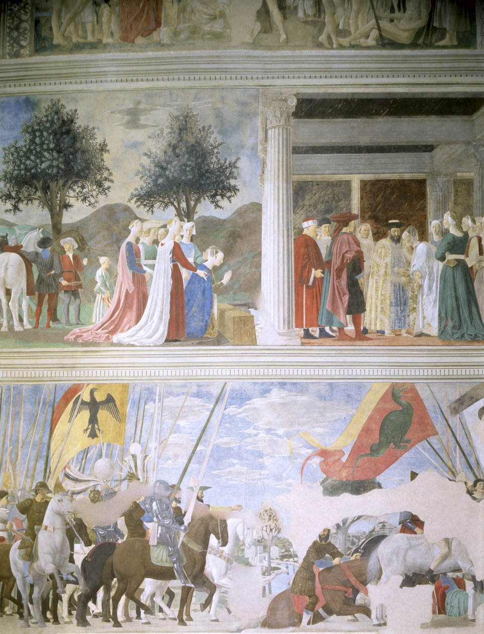 La Regina di Saba che adora il legno della Vera Croce, La ricezione della Regina di Saba da parte del Re Salomone (c.1015-977) e La battaglia di Ponte Milvio, dal ciclo della Leggenda della Vera Croce da Piero della Francesca