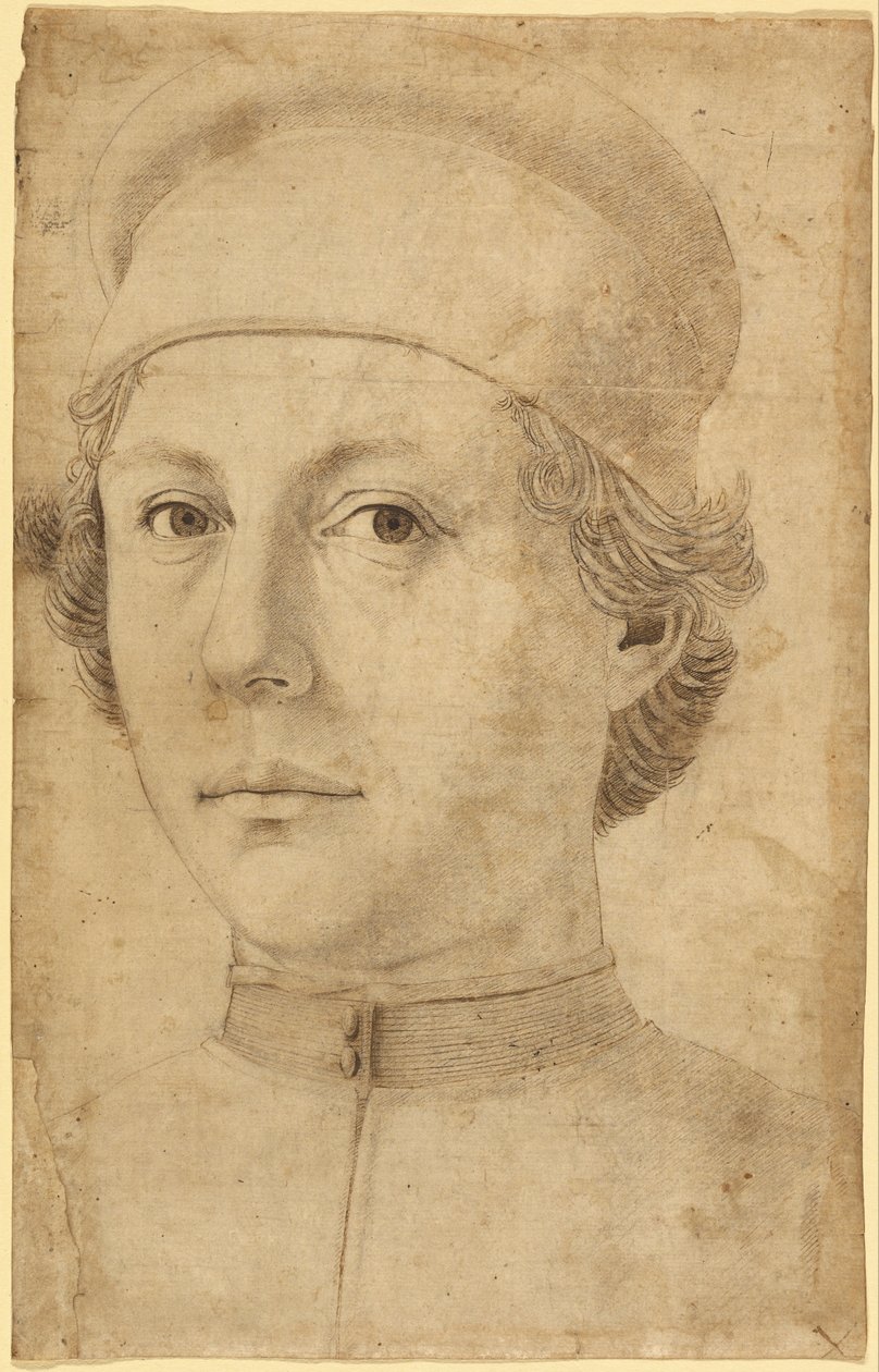 Ritratto di un giovane uomo, testa e spalle, con un berretto da Piero del Pollaiolo