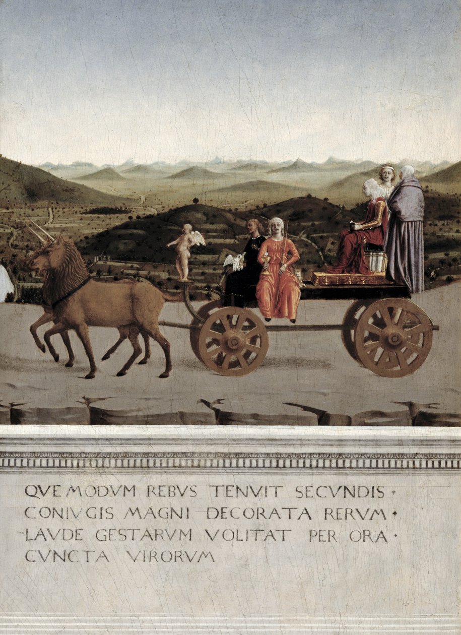 Trionfo di Battista Sforza, Duchessa di Urbino. Battista e la sua ancella, due Virtù Teologali e una suora sono trainate in un carro trionfale da due unicorni marroni, dopo il 1472 (tempera su tavola) (dettaglio) da Piero della Francesca