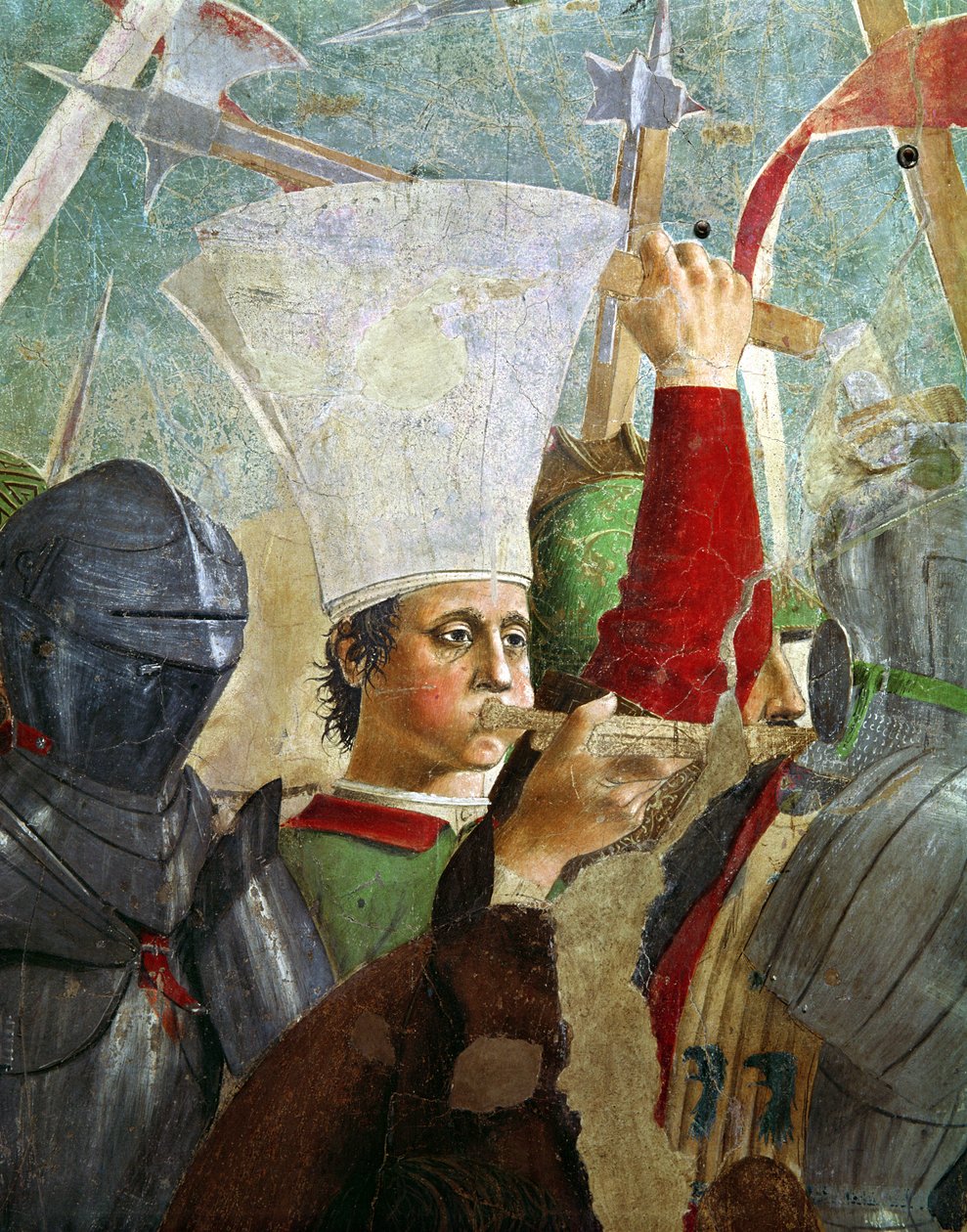 Trombettiere, (dettaglio) dalla Battaglia di Eraclio e Cosroe, dal ciclo della Leggenda della Vera Croce, completato nel 1464 da Piero della Francesca