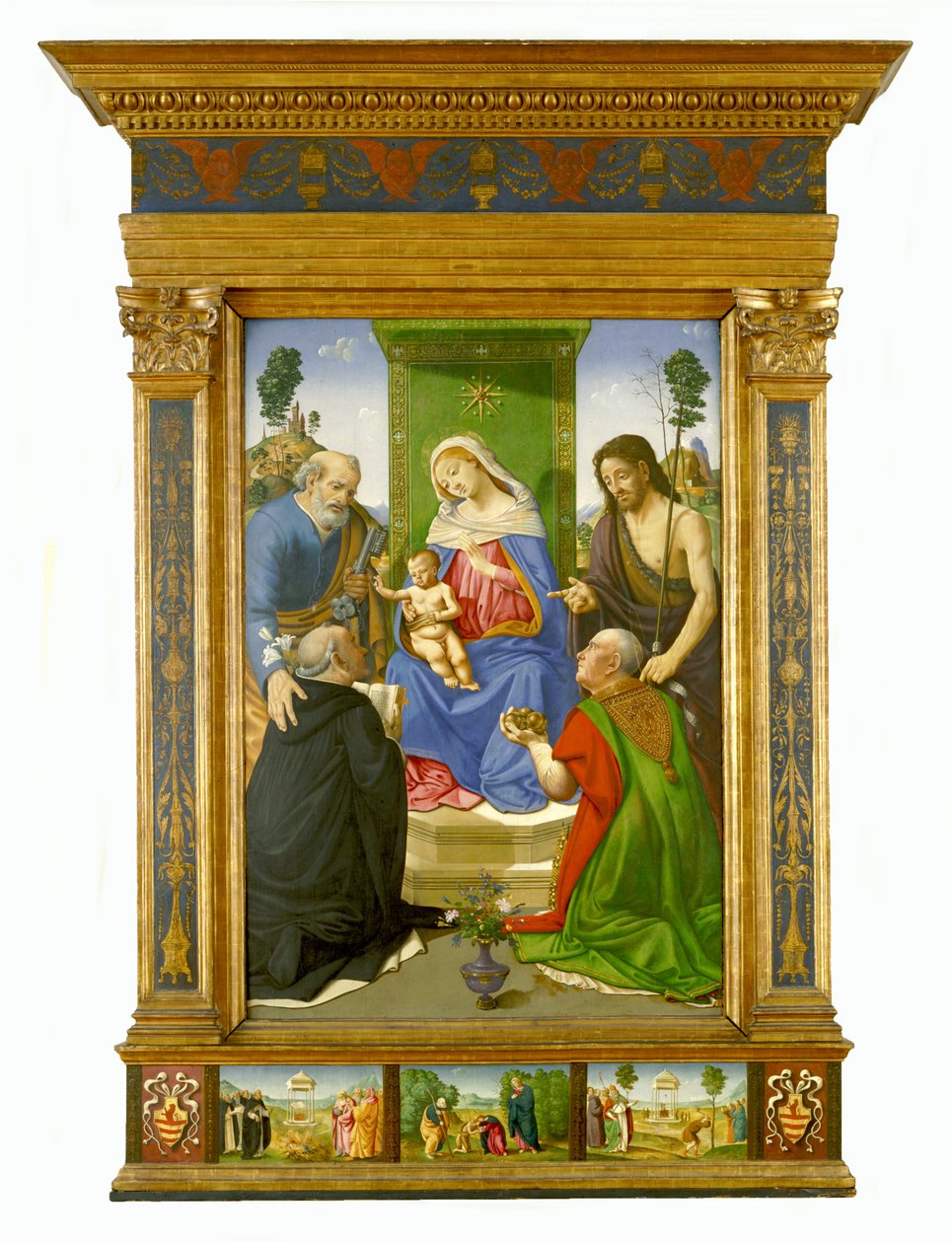 Madonna con Bambino in trono e i santi Pietro, Giovanni Battista, Domenico e Nicola di Bari, 1481-85 circa (tempera e olio su tavola) da Piero di Cosimo