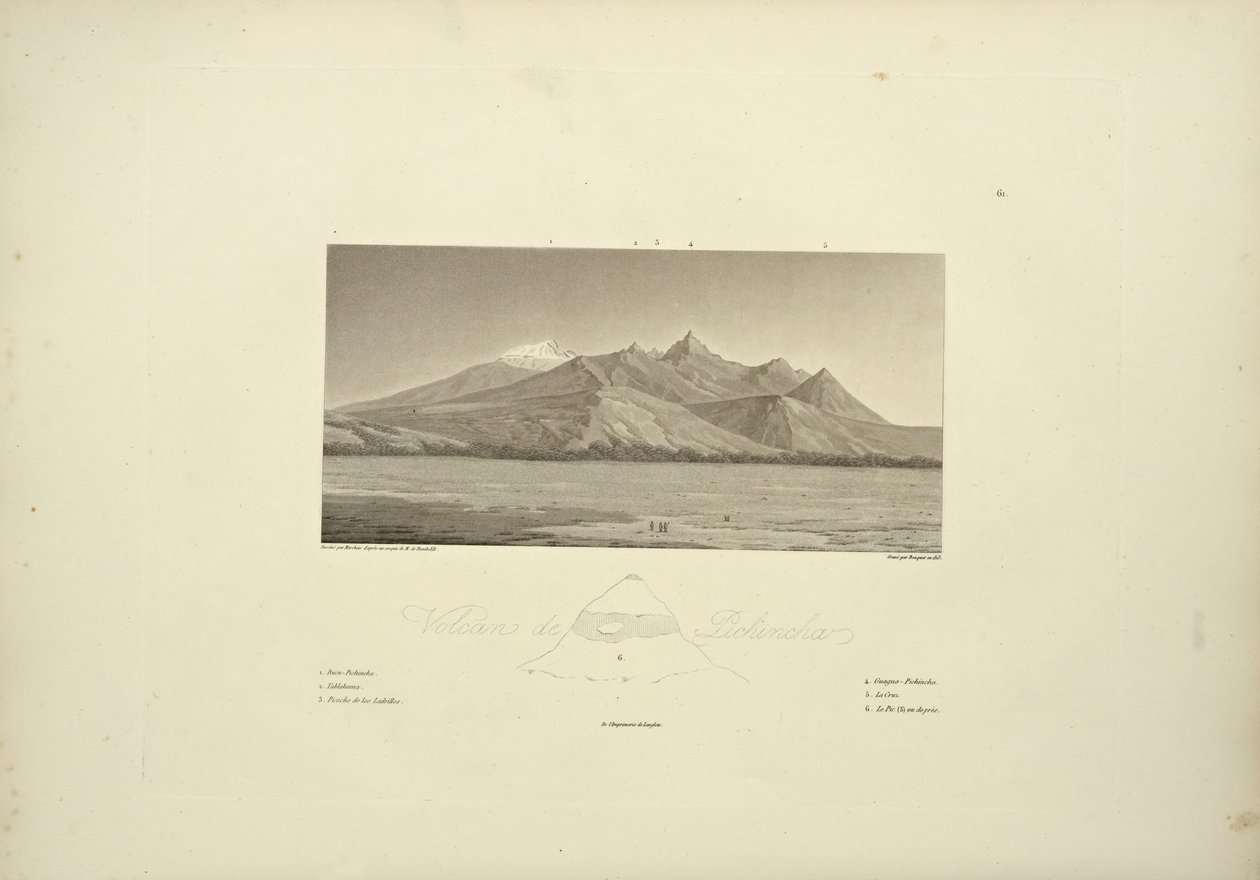 Vulcani di Pichincha, inciso da Bouquet, illustrazione da "Vues des Cordillères et Monumens des Peuples Indigènes de l