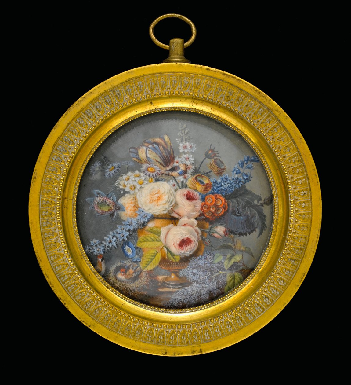 Fiori misti in un vaso di terracotta, un ramo di lillà e due uccelli (uno seduto su un nido) su una lastra di marmo da Pierre Antoine Poiteau