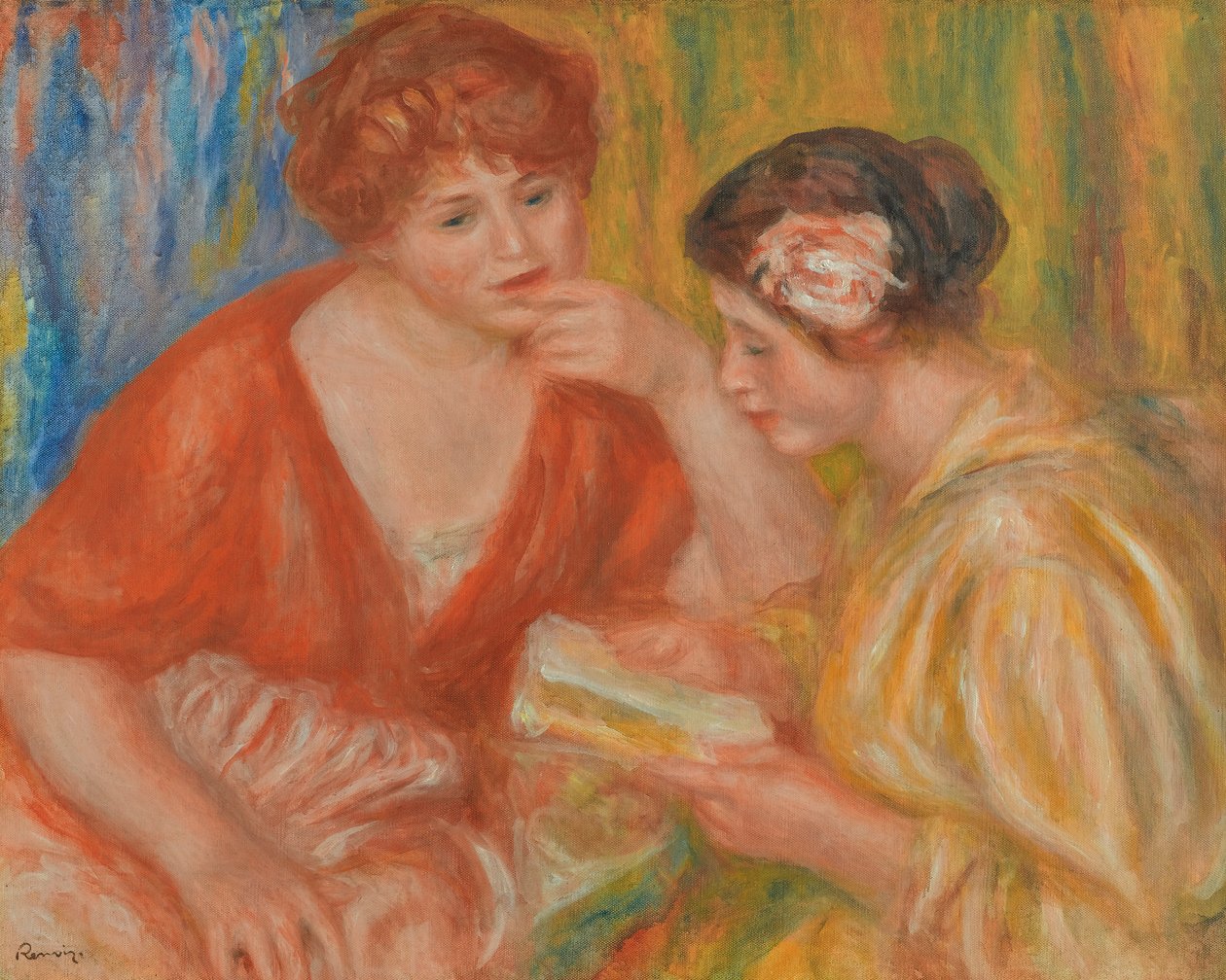 La lettura, due donne con corpetti rosso e rosa da Pierre Auguste Renoir