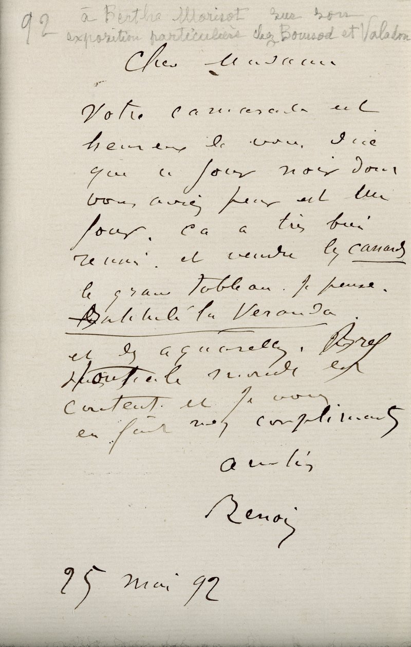 Lettera di Renoir a Berthe Morisot (1841-95) riguardante la sua prima mostra, 25 maggio 1892 da Pierre-Auguste Renoir