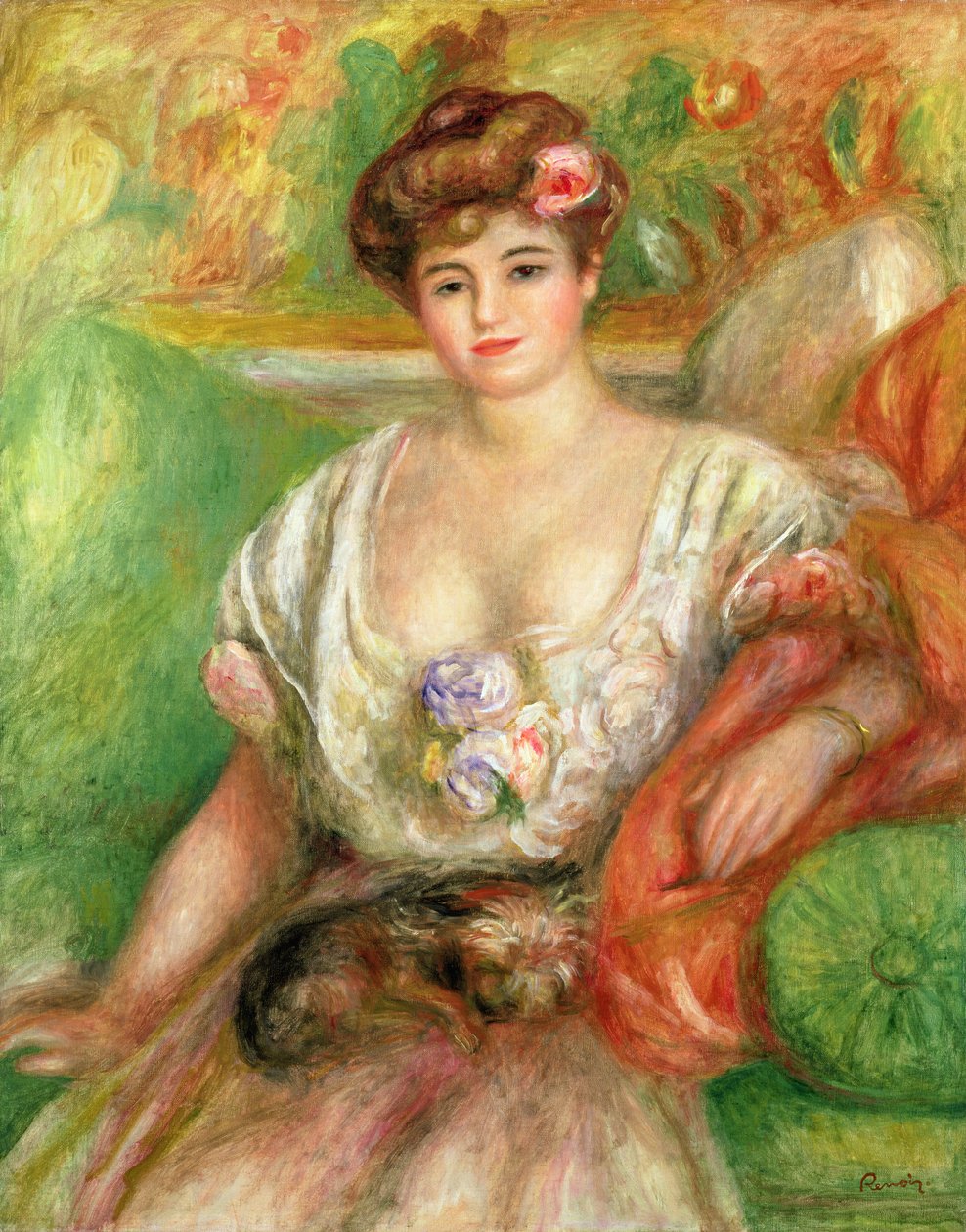 Misia Sert (1872-1950) con un cane da grembo, c.1906 da Pierre Auguste Renoir