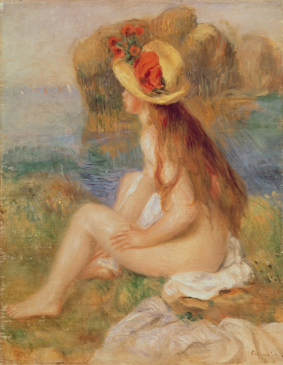 Bagnante femminile seduta con cappello di paglia da Pierre-Auguste Renoir