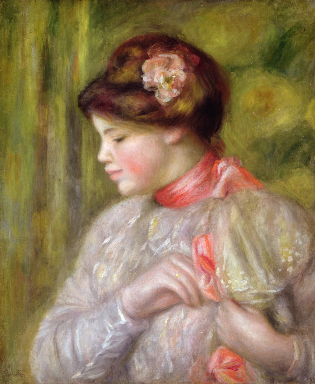 Giovane donna che aggiusta la camicetta da Pierre Auguste Renoir