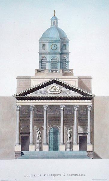 Chiesa di San Giacomo, Bruxelles, da Choix des Monuments, Edifices et Maisons les plus remarquables du Royaume des Pays-Bas di Pierre Jacques Goetghebuer, pubblicato nel 1827 (acquatinta) da Pierre Jacques Goetghebuer