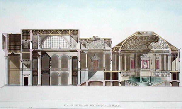 Sezione trasversale del Palais Academique a Gand, da Choix des Monuments, Edifices et Maisons les plus remarquables du Royaume des Pays-Bas di Pierre Jacques Goetghebuer, inciso da L. Roelandt, pub da Pierre Jacques after Goetghebuer