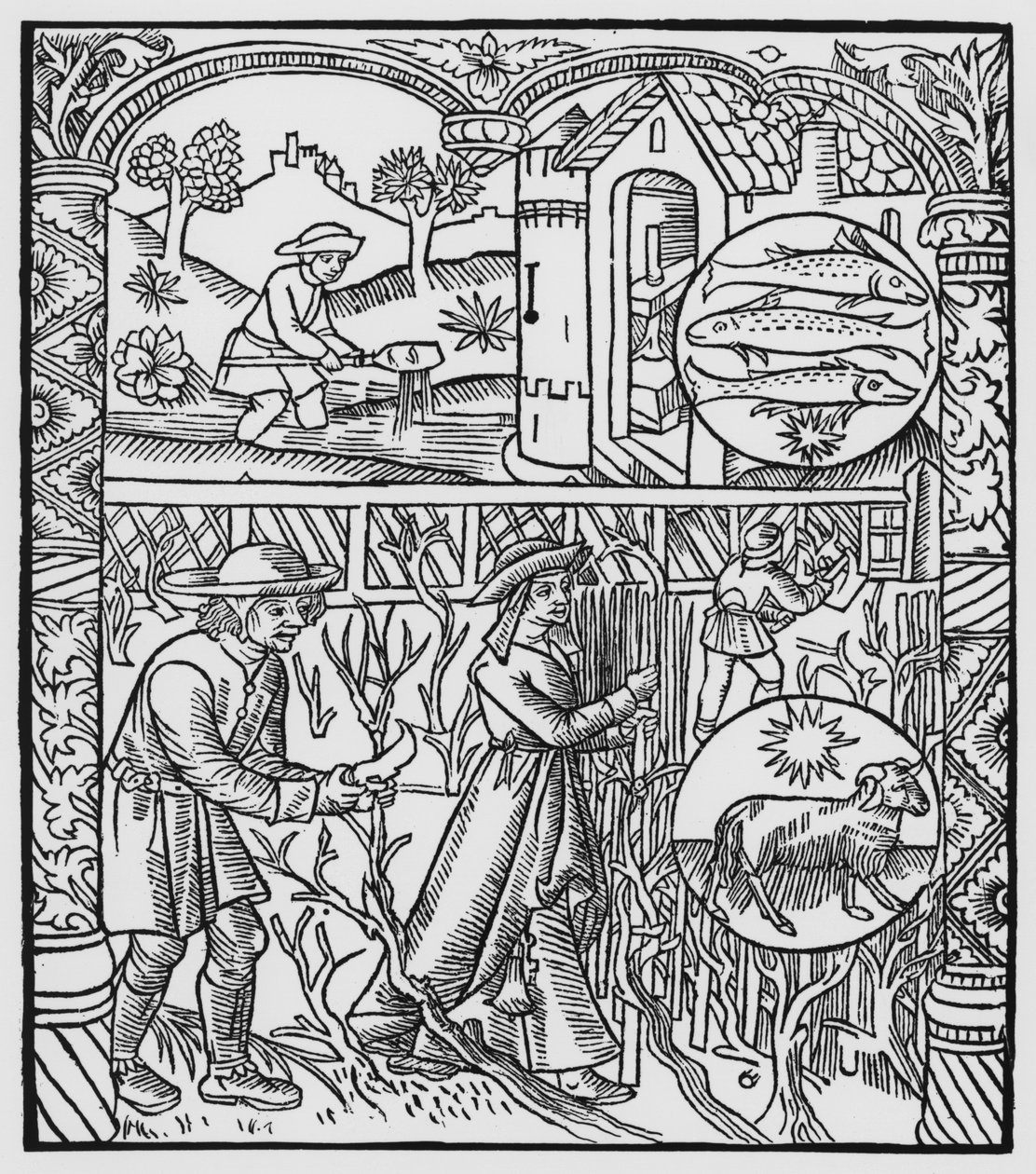 Marzo, pesca e potatura degli alberi, Pesci, illustrazione da 