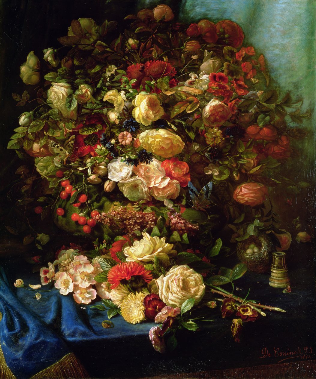 Natura morta di fiori su un cornicione con nido di uccelli da Pierre Louis de Coninck