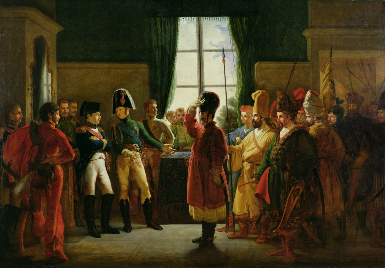 Alessandro I (1777-1825) presenta i Calmucchi, Cosacchi e Baschiri a Napoleone I (1769-1821) a Tilsit nel luglio 1807, 1807-10 da Pierre Nolasque Bergeret