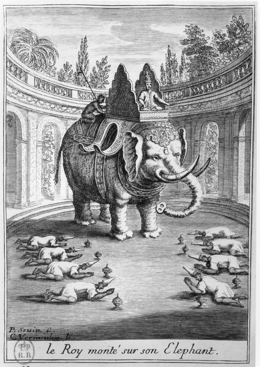 Il re del Siam seduto sul suo elefante, inciso da Cornelis Vermeulen, 1686 da Pierre Paul Sevin