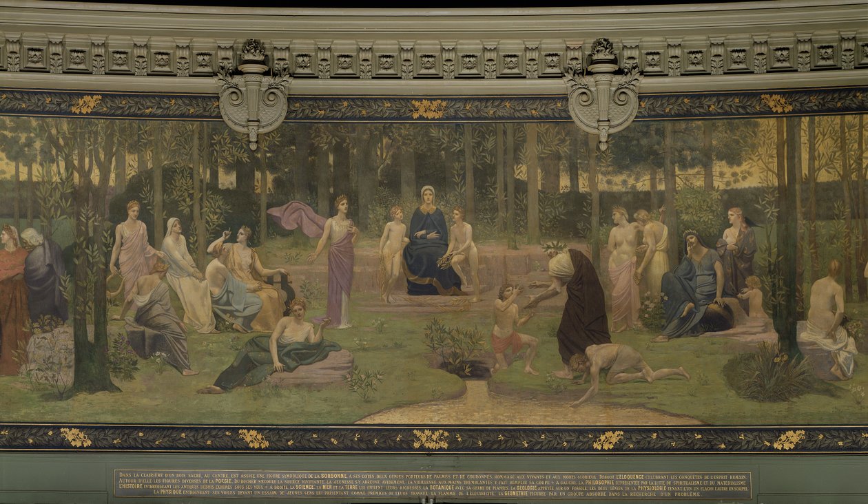 Il Bosco Sacro, murale allegorico nel Grande Anfiteatro, dettaglio centrale della Sorbona, Eloquenza, Poesia, la Fonte della Vita e Scienza, 1887-89 da Pierre Puvis de Chavannes