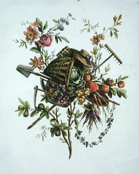 Un disegno tessile da giardino, da Oeuvre contenant un Receuil de Trophees, Attributs, Cartouches, Vases, Fleurs, Ornemens, et Plusieurs Dessins agreeables pour broder les Fauteuils, inciso da Etienne Claude Voysard da Pierre Ranson