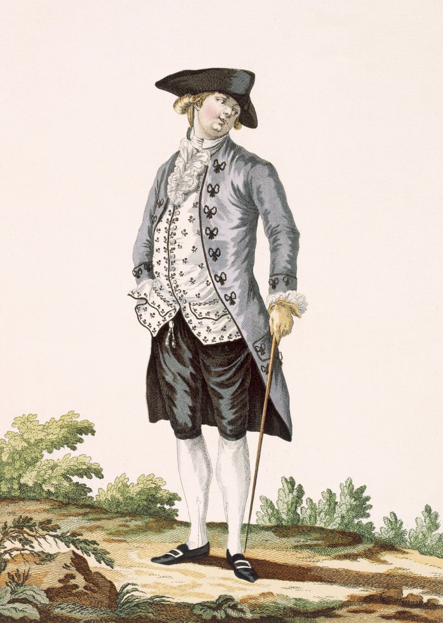 Gentiluomo in abito grigio da passeggio, inciso da Voysard, tavola n.162 da 