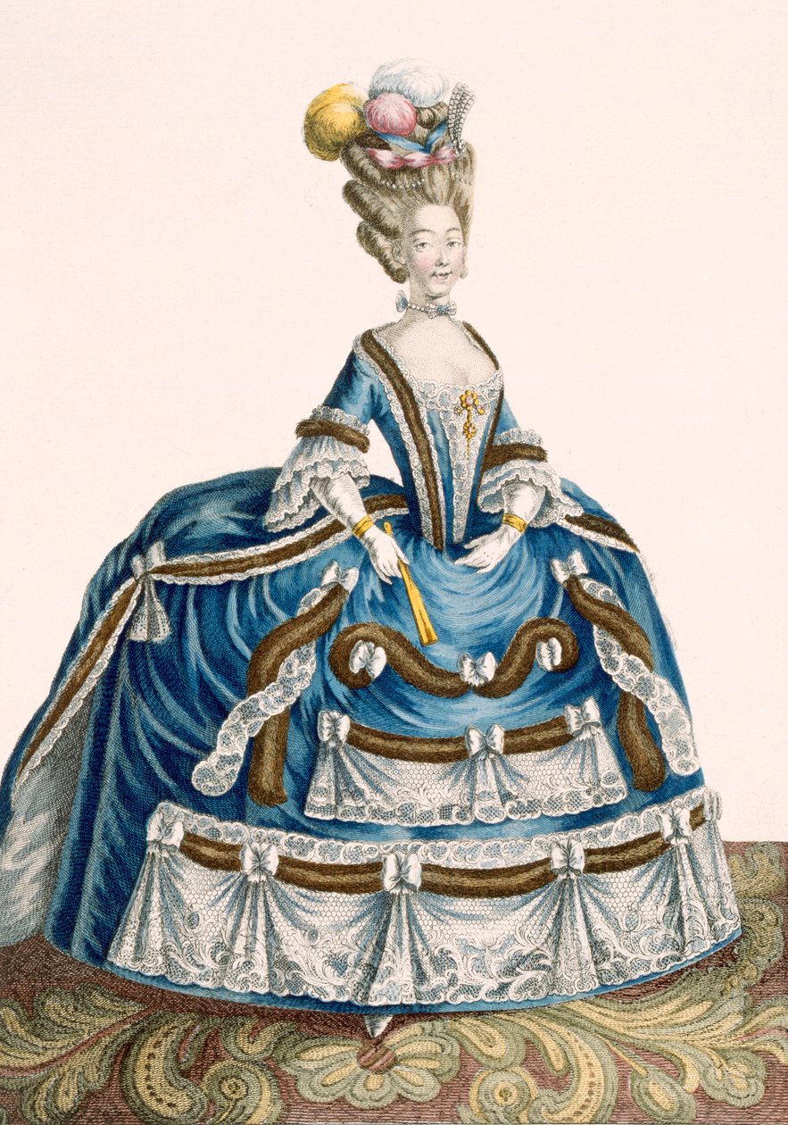 Abito di corte elaborato da donna, decorato con festoni e pizzi, inciso da Voysard, tavola n.46 da 