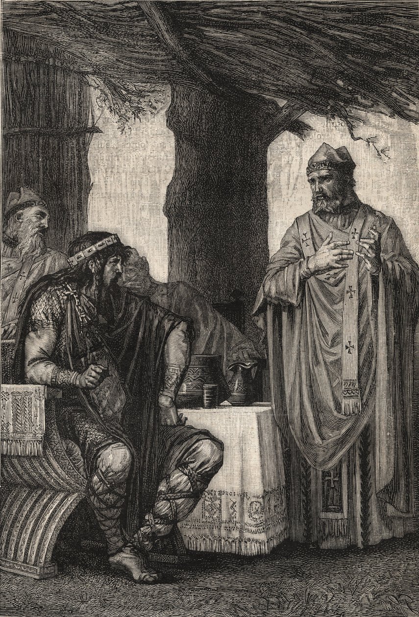 San Gregorio di Tours (538-594) che si oppone a Chilperico I (539-584) re dei Franchi della dinastia merovingia - incisione di Pierre Fritel (1853-1942) da Pierre (after) Fritel