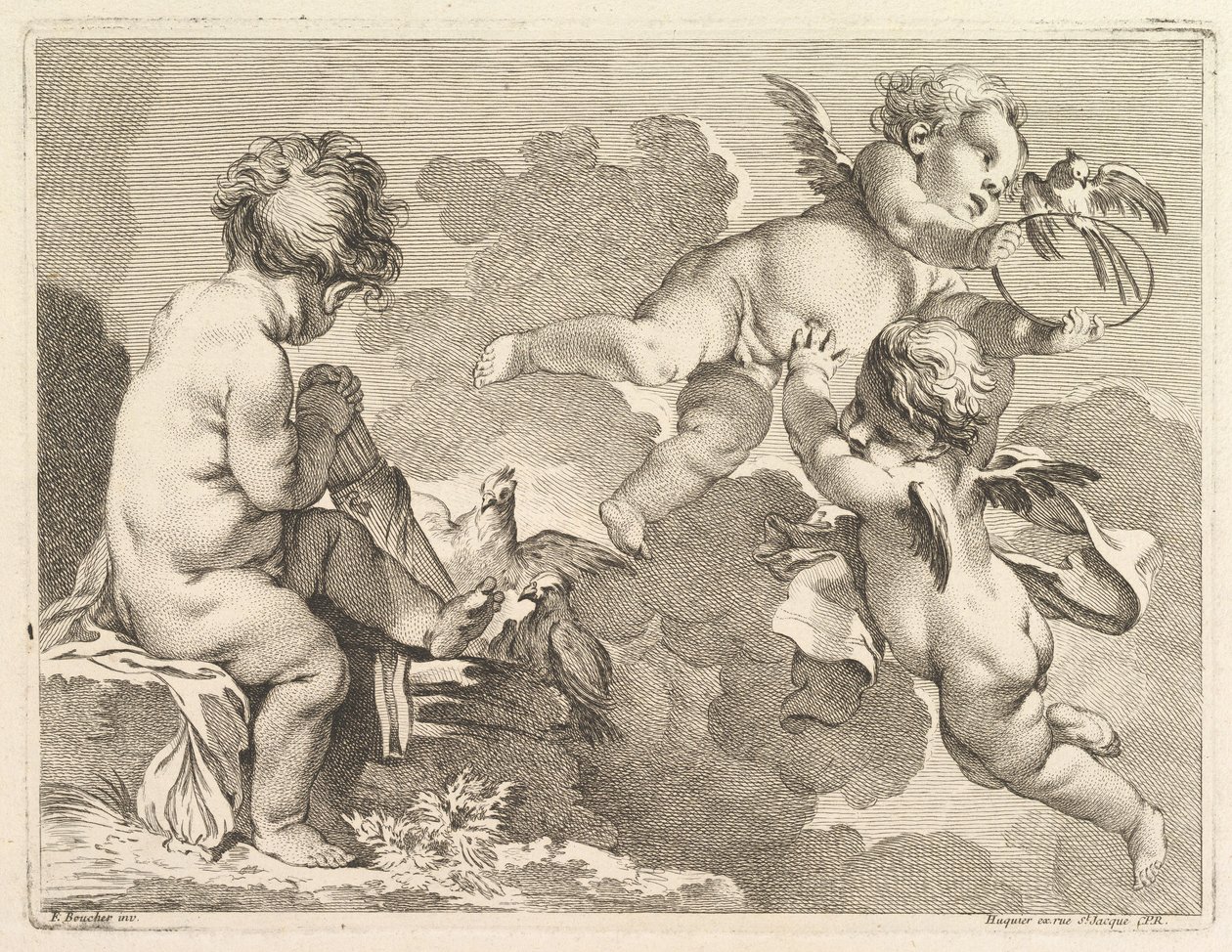 Tre amori, uno dei quali è seduto, tenendo una faretra da Pierre Alexandre Aveline