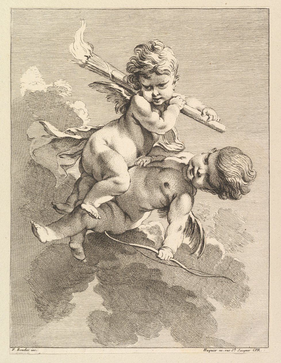 Due cupidi, uno con una torcia, l