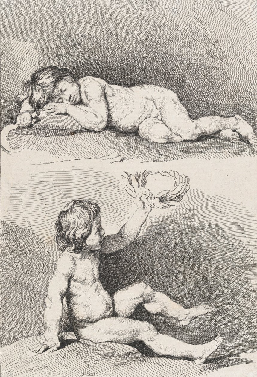 Due bambini nudi, uno che dorme e l