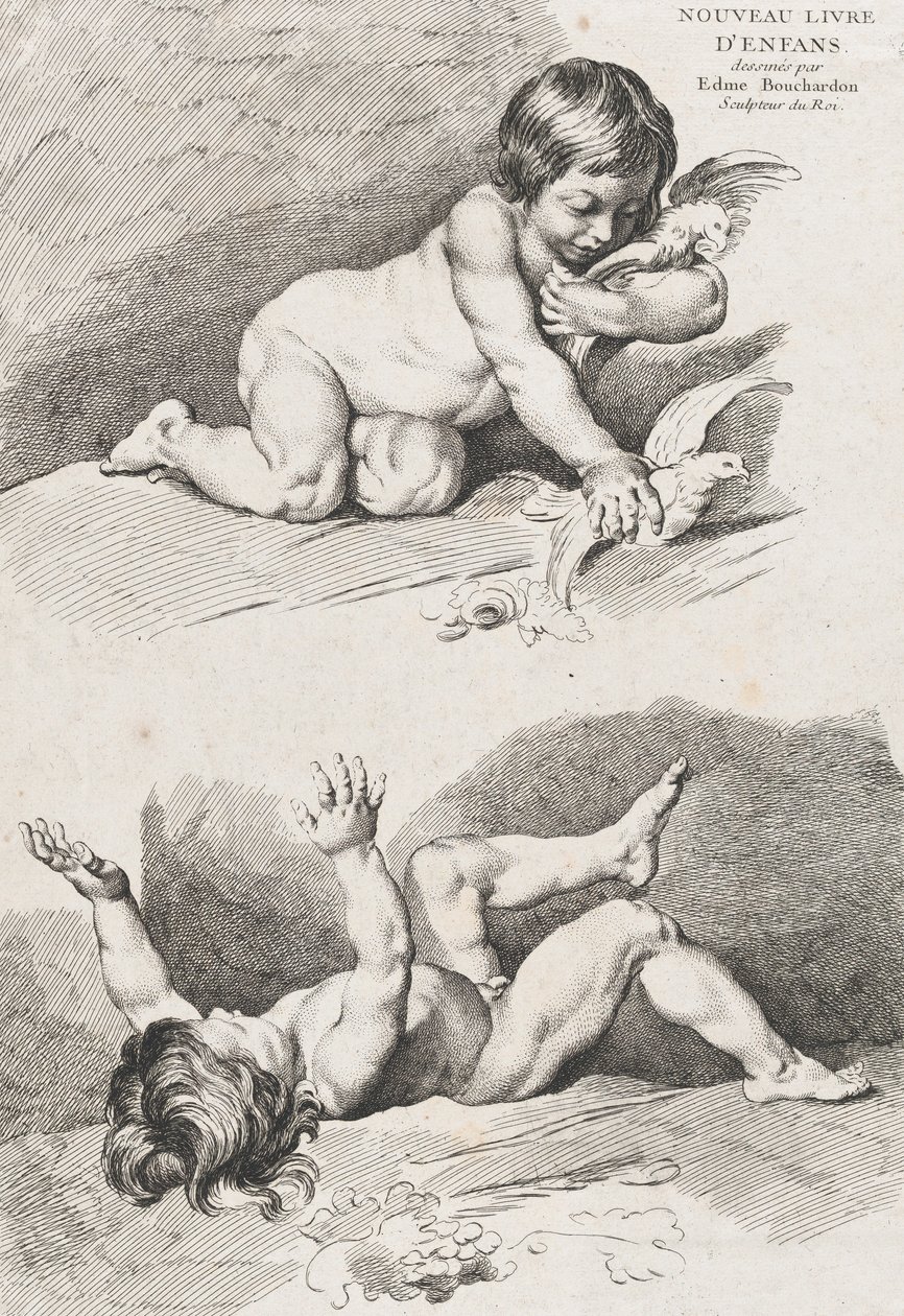 Due bambini nudi che giocano con una foglia, dal Nuovo Libro dei Bambini, 1720-60 da Pierre Alexandre Aveline