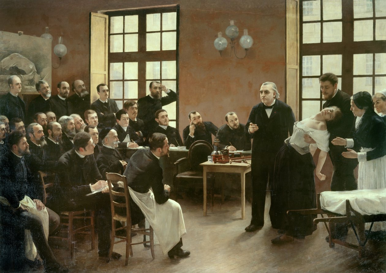 Una lezione clinica del Dr. Charcot alla Salpêtrière nel 1887. Studenti del dipartimento del Professor Jean Martin Charcot (1825-1893) che spiega il caso di Blanche Wittman, la sua paziente e cavia preferita per le sue ricerche sull