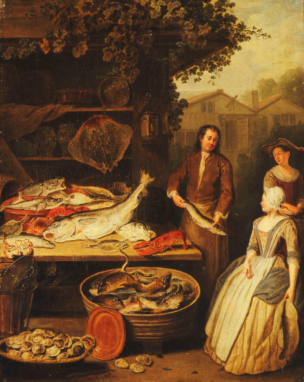 Un pescivendolo che mostra un luccio a una cameriera da Pierre Angelis or Angillis